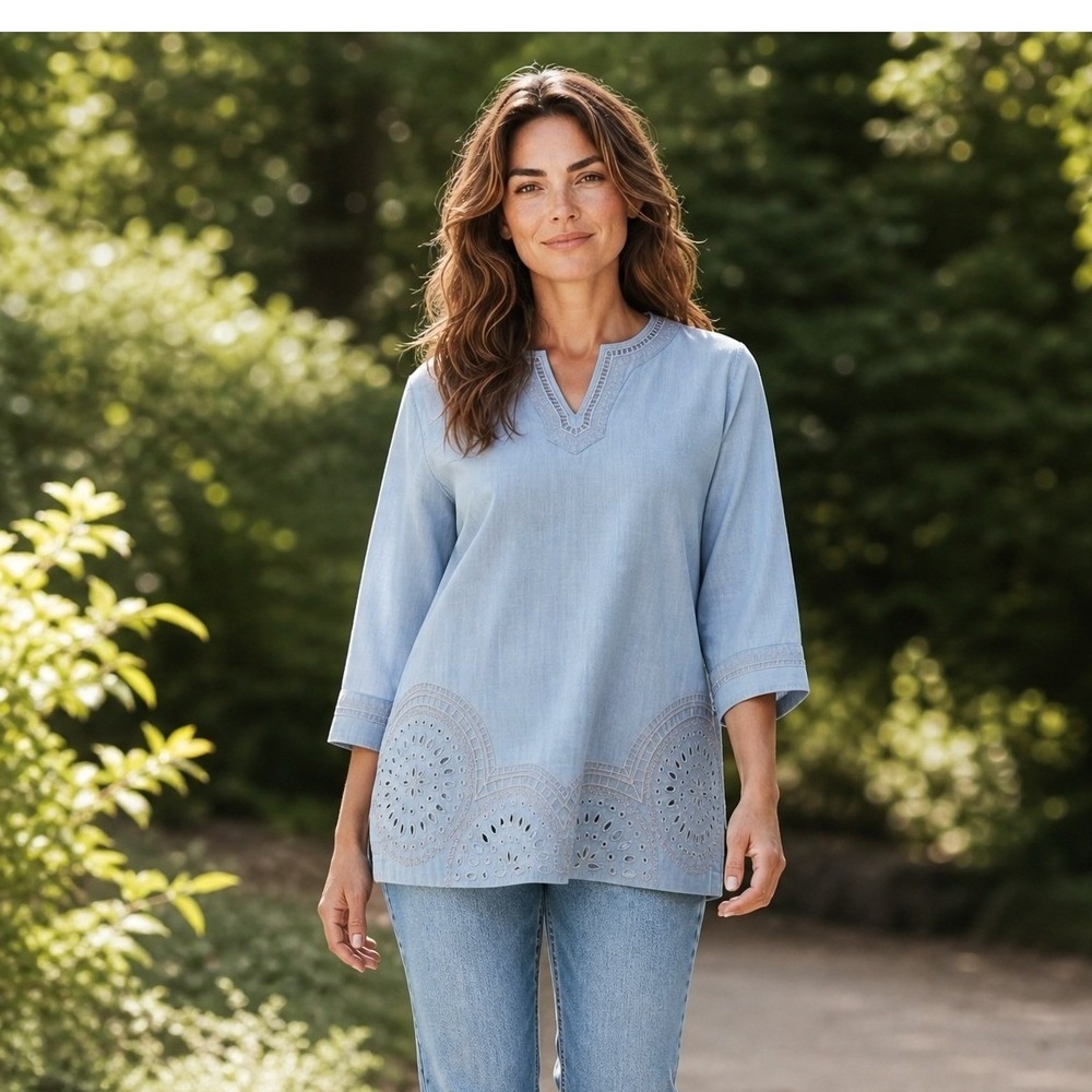 Tommy Bahama Blue Tencel Lyocell Eyelet Embroidered Tunic Top‎ Small Petite